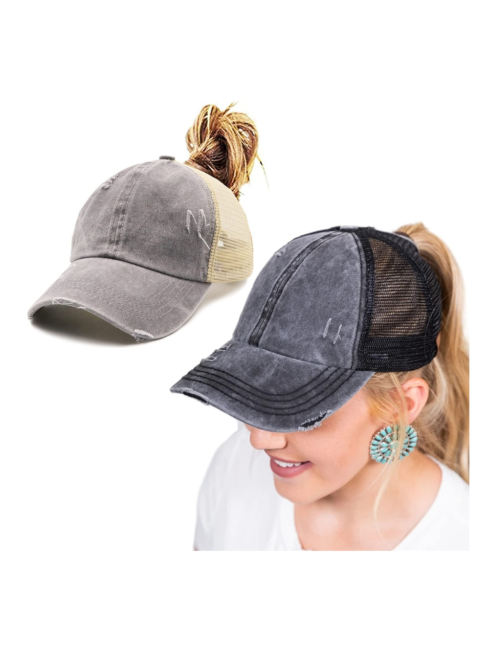 Womens High Ponytail Messy Bun Baseball Caps | 2 Packs, Black, Gray | Size OS